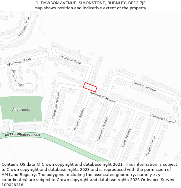 1, DAWSON AVENUE, SIMONSTONE, BURNLEY, BB12 7JF: Location map and indicative extent of plot