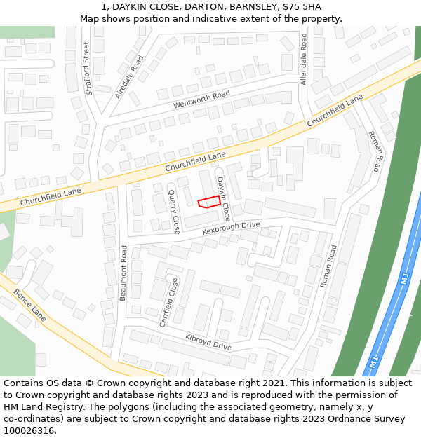 1, DAYKIN CLOSE, DARTON, BARNSLEY, S75 5HA: Location map and indicative extent of plot