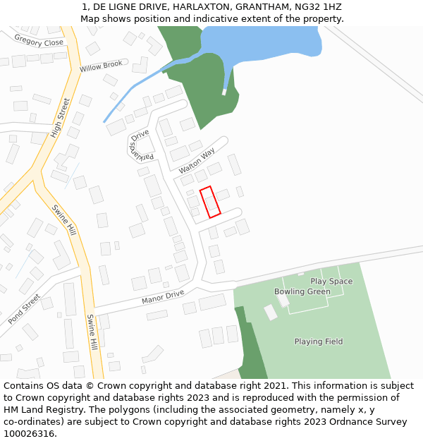 1, DE LIGNE DRIVE, HARLAXTON, GRANTHAM, NG32 1HZ: Location map and indicative extent of plot