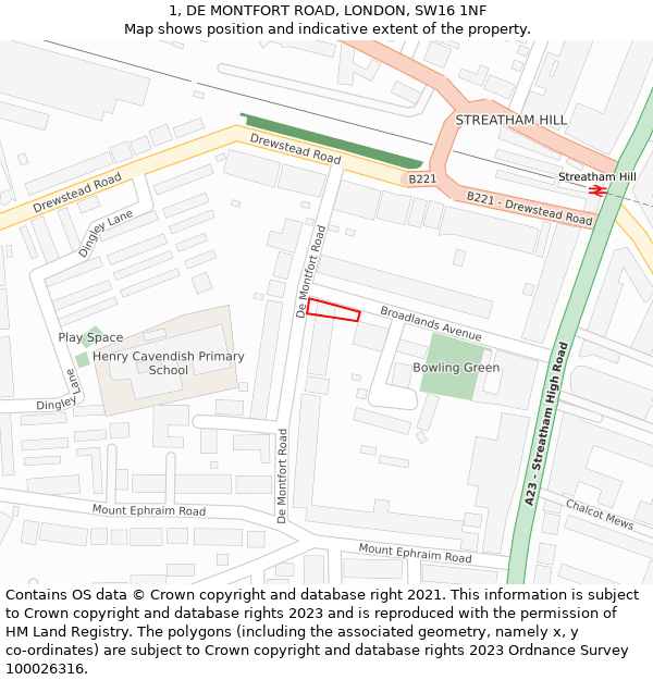 1, DE MONTFORT ROAD, LONDON, SW16 1NF: Location map and indicative extent of plot