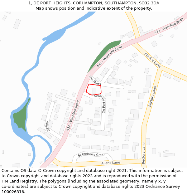 1, DE PORT HEIGHTS, CORHAMPTON, SOUTHAMPTON, SO32 3DA: Location map and indicative extent of plot