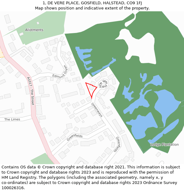 1, DE VERE PLACE, GOSFIELD, HALSTEAD, CO9 1FJ: Location map and indicative extent of plot