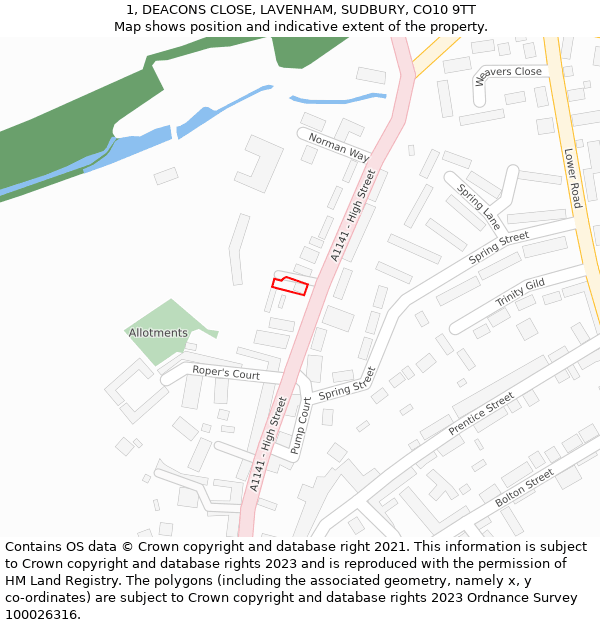 1, DEACONS CLOSE, LAVENHAM, SUDBURY, CO10 9TT: Location map and indicative extent of plot