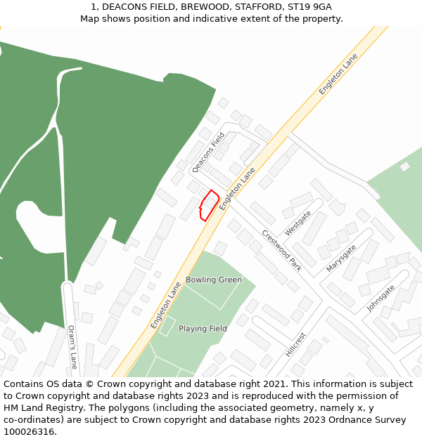 1, DEACONS FIELD, BREWOOD, STAFFORD, ST19 9GA: Location map and indicative extent of plot