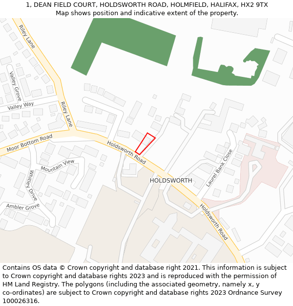 1, DEAN FIELD COURT, HOLDSWORTH ROAD, HOLMFIELD, HALIFAX, HX2 9TX: Location map and indicative extent of plot