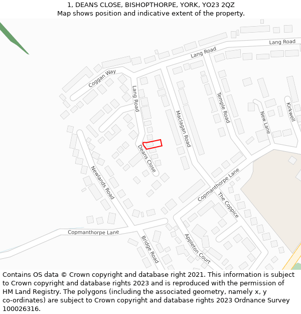 1, DEANS CLOSE, BISHOPTHORPE, YORK, YO23 2QZ: Location map and indicative extent of plot