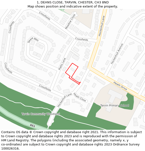 1, DEANS CLOSE, TARVIN, CHESTER, CH3 8ND: Location map and indicative extent of plot