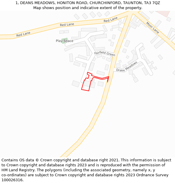 1, DEANS MEADOWS, HONITON ROAD, CHURCHINFORD, TAUNTON, TA3 7QZ: Location map and indicative extent of plot