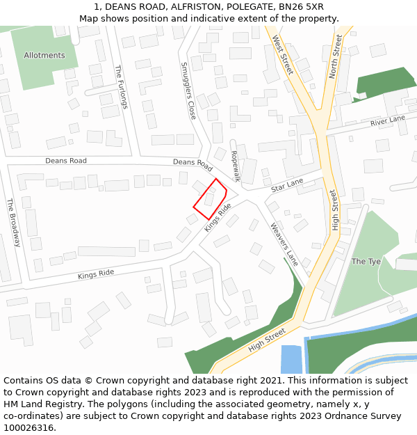 1, DEANS ROAD, ALFRISTON, POLEGATE, BN26 5XR: Location map and indicative extent of plot