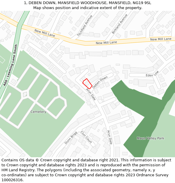 1, DEBEN DOWN, MANSFIELD WOODHOUSE, MANSFIELD, NG19 9SL: Location map and indicative extent of plot