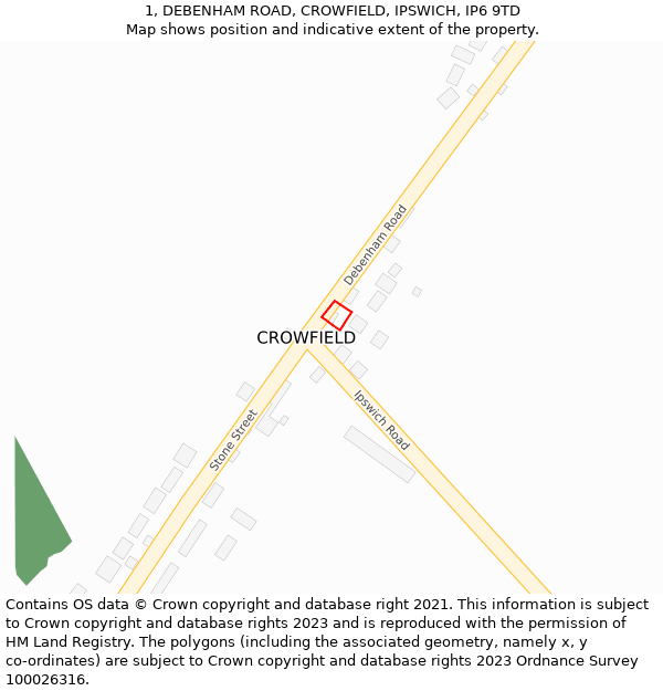 1, DEBENHAM ROAD, CROWFIELD, IPSWICH, IP6 9TD: Location map and indicative extent of plot