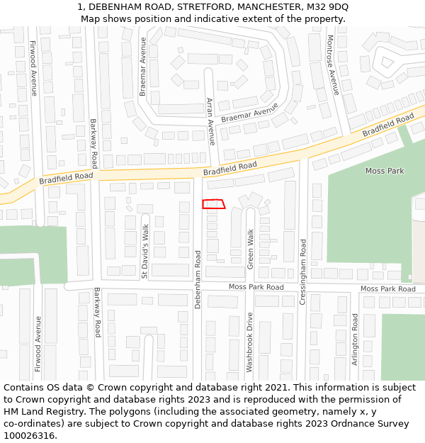 1, DEBENHAM ROAD, STRETFORD, MANCHESTER, M32 9DQ: Location map and indicative extent of plot