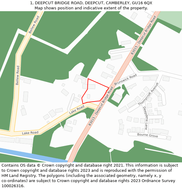 1, DEEPCUT BRIDGE ROAD, DEEPCUT, CAMBERLEY, GU16 6QX: Location map and indicative extent of plot