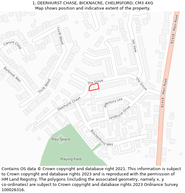 1, DEERHURST CHASE, BICKNACRE, CHELMSFORD, CM3 4XG: Location map and indicative extent of plot