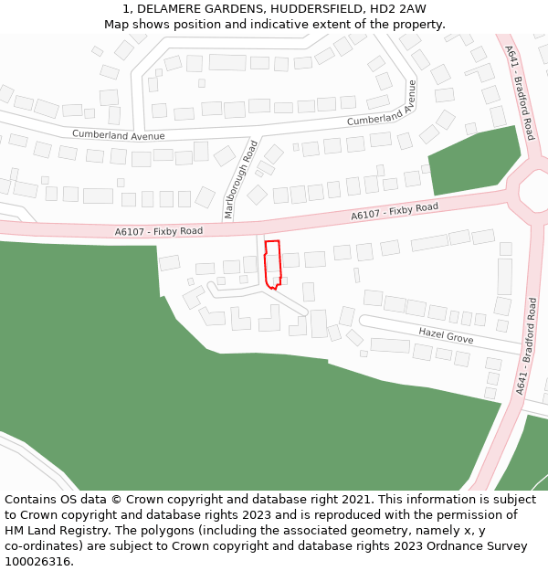 1, DELAMERE GARDENS, HUDDERSFIELD, HD2 2AW: Location map and indicative extent of plot