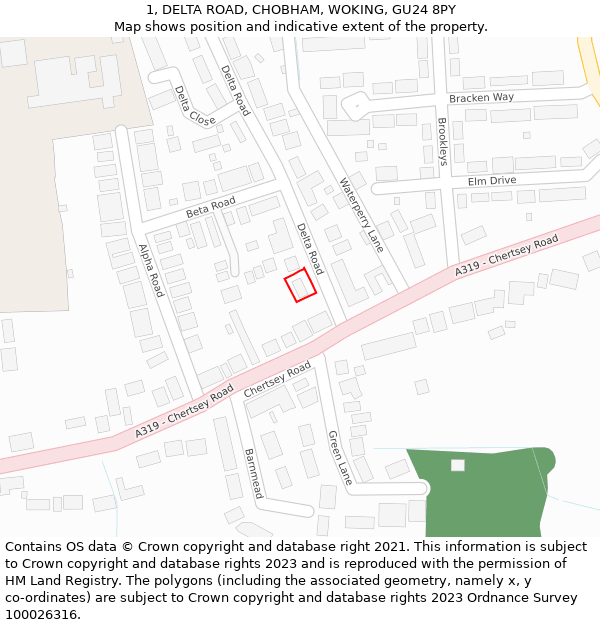 1, DELTA ROAD, CHOBHAM, WOKING, GU24 8PY: Location map and indicative extent of plot