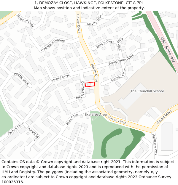 1, DEMOZAY CLOSE, HAWKINGE, FOLKESTONE, CT18 7PL: Location map and indicative extent of plot