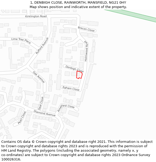 1, DENBIGH CLOSE, RAINWORTH, MANSFIELD, NG21 0HY: Location map and indicative extent of plot