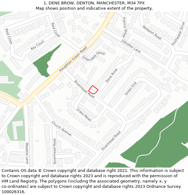 1, DENE BROW, DENTON, MANCHESTER, M34 7PX: Location map and indicative extent of plot