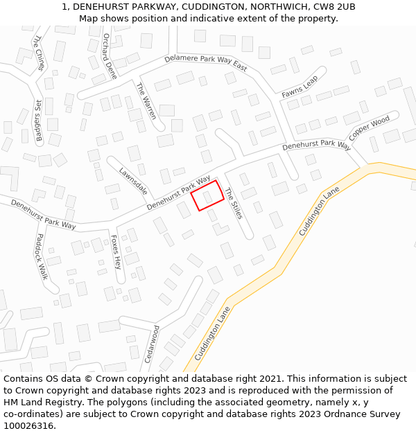 1, DENEHURST PARKWAY, CUDDINGTON, NORTHWICH, CW8 2UB: Location map and indicative extent of plot