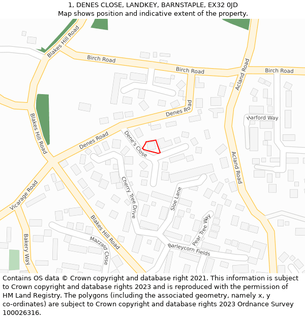 1, DENES CLOSE, LANDKEY, BARNSTAPLE, EX32 0JD: Location map and indicative extent of plot