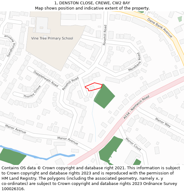 1, DENSTON CLOSE, CREWE, CW2 8AY: Location map and indicative extent of plot