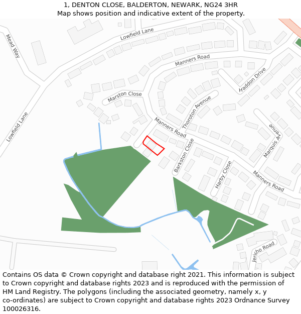 1, DENTON CLOSE, BALDERTON, NEWARK, NG24 3HR: Location map and indicative extent of plot