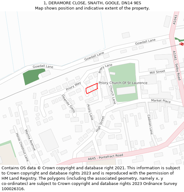 1, DERAMORE CLOSE, SNAITH, GOOLE, DN14 9ES: Location map and indicative extent of plot