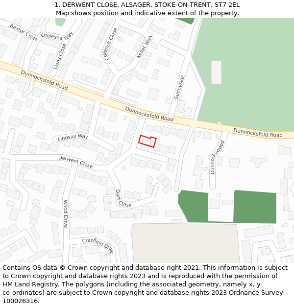 1, DERWENT CLOSE, ALSAGER, STOKE-ON-TRENT, ST7 2EL: Location map and indicative extent of plot