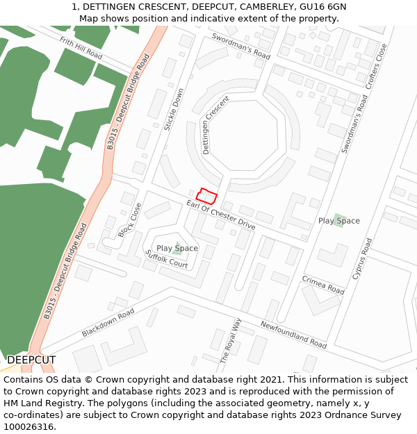 1, DETTINGEN CRESCENT, DEEPCUT, CAMBERLEY, GU16 6GN: Location map and indicative extent of plot