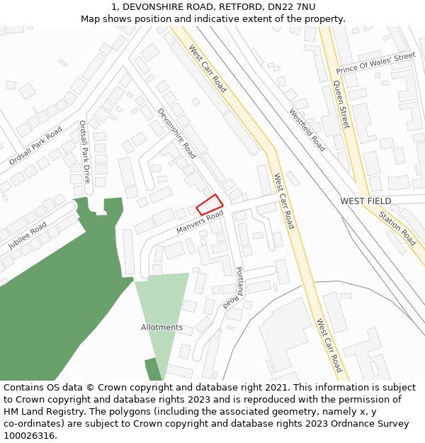 1, DEVONSHIRE ROAD, RETFORD, DN22 7NU: Location map and indicative extent of plot