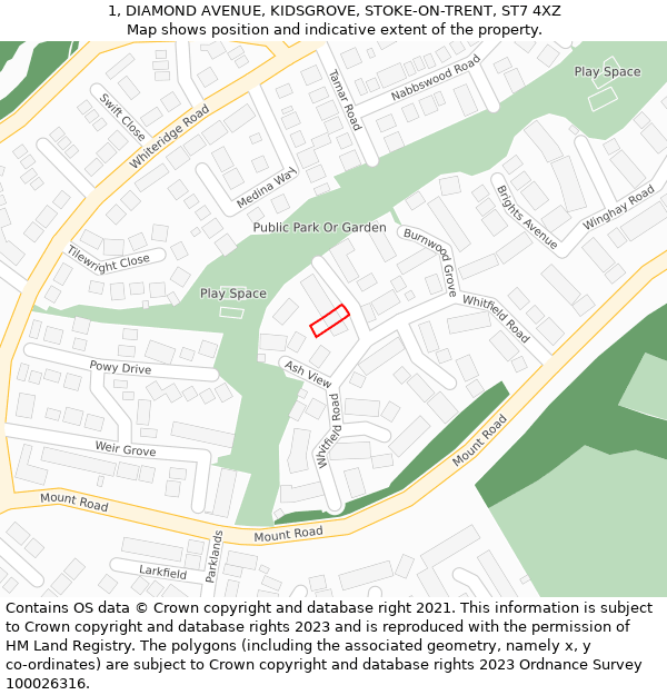 1, DIAMOND AVENUE, KIDSGROVE, STOKE-ON-TRENT, ST7 4XZ: Location map and indicative extent of plot