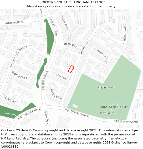 1, DICKENS COURT, BILLINGHAM, TS23 3GS: Location map and indicative extent of plot