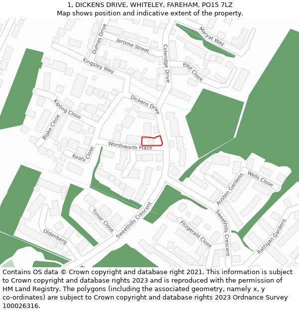 1, DICKENS DRIVE, WHITELEY, FAREHAM, PO15 7LZ: Location map and indicative extent of plot