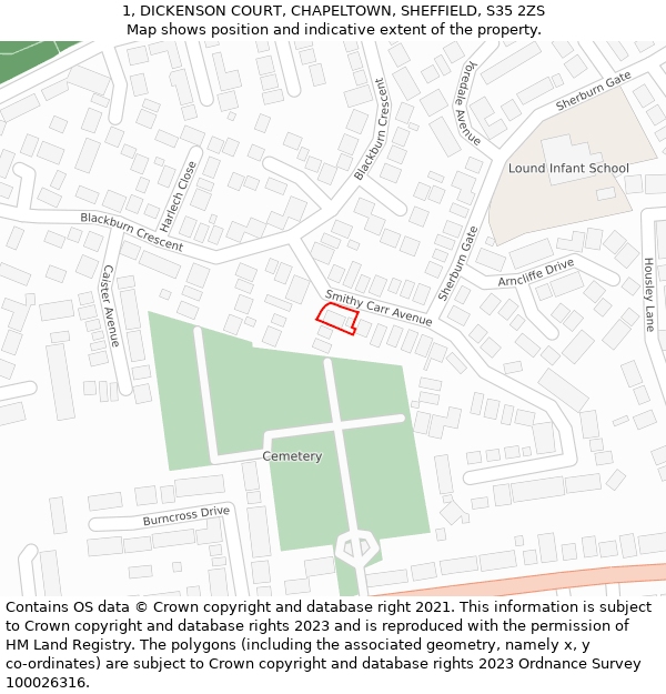 1, DICKENSON COURT, CHAPELTOWN, SHEFFIELD, S35 2ZS: Location map and indicative extent of plot