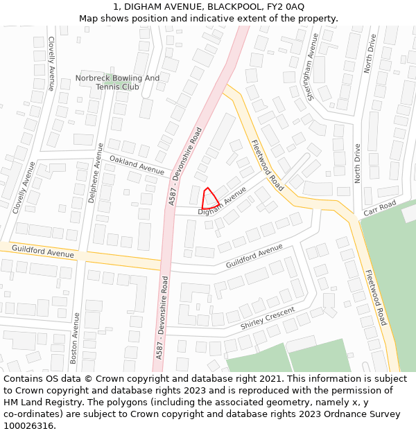 1, DIGHAM AVENUE, BLACKPOOL, FY2 0AQ: Location map and indicative extent of plot