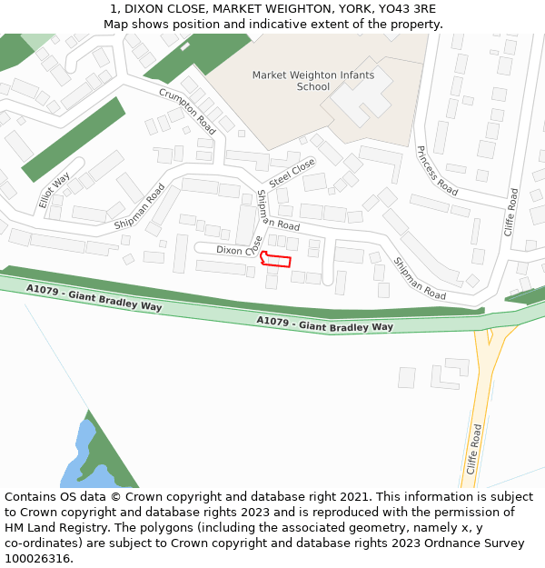 1, DIXON CLOSE, MARKET WEIGHTON, YORK, YO43 3RE: Location map and indicative extent of plot