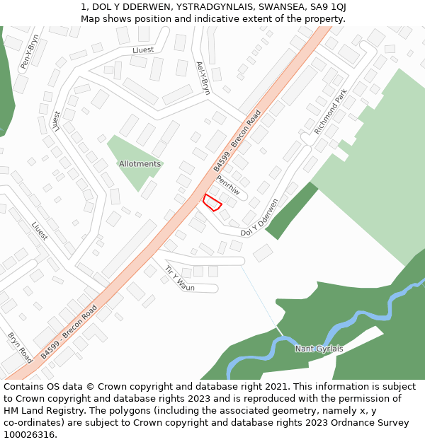 1, DOL Y DDERWEN, YSTRADGYNLAIS, SWANSEA, SA9 1QJ: Location map and indicative extent of plot