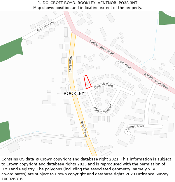 1, DOLCROFT ROAD, ROOKLEY, VENTNOR, PO38 3NT: Location map and indicative extent of plot