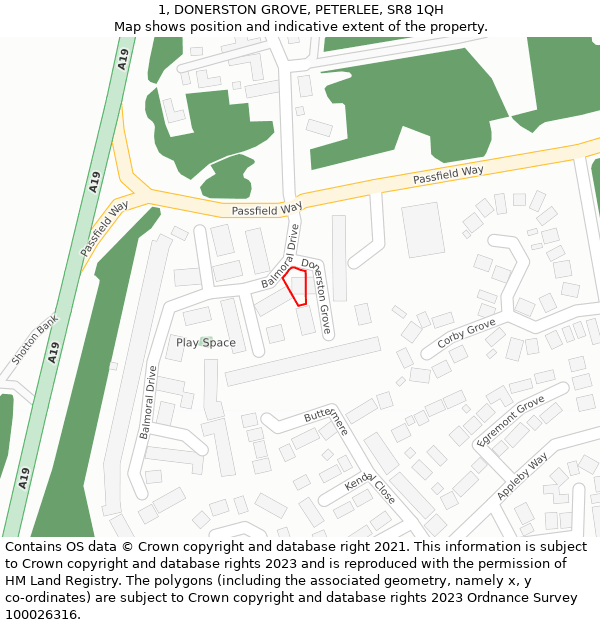 1, DONERSTON GROVE, PETERLEE, SR8 1QH: Location map and indicative extent of plot