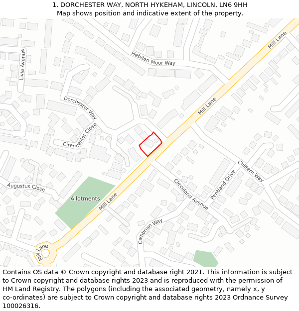 1, DORCHESTER WAY, NORTH HYKEHAM, LINCOLN, LN6 9HH: Location map and indicative extent of plot