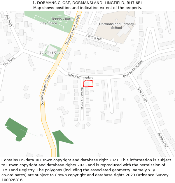 1, DORMANS CLOSE, DORMANSLAND, LINGFIELD, RH7 6RL: Location map and indicative extent of plot