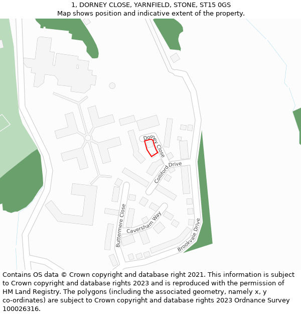 1, DORNEY CLOSE, YARNFIELD, STONE, ST15 0GS: Location map and indicative extent of plot