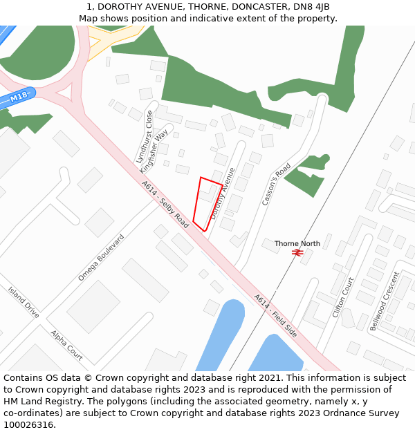 1, DOROTHY AVENUE, THORNE, DONCASTER, DN8 4JB: Location map and indicative extent of plot