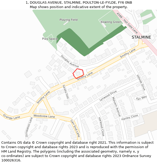 1, DOUGLAS AVENUE, STALMINE, POULTON-LE-FYLDE, FY6 0NB: Location map and indicative extent of plot