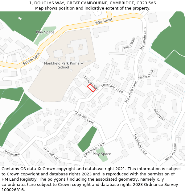 1, DOUGLAS WAY, GREAT CAMBOURNE, CAMBRIDGE, CB23 5AS: Location map and indicative extent of plot