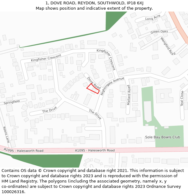 1, DOVE ROAD, REYDON, SOUTHWOLD, IP18 6XJ: Location map and indicative extent of plot