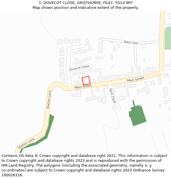 1, DOVECOT CLOSE, GRISTHORPE, FILEY, YO14 9PY: Location map and indicative extent of plot
