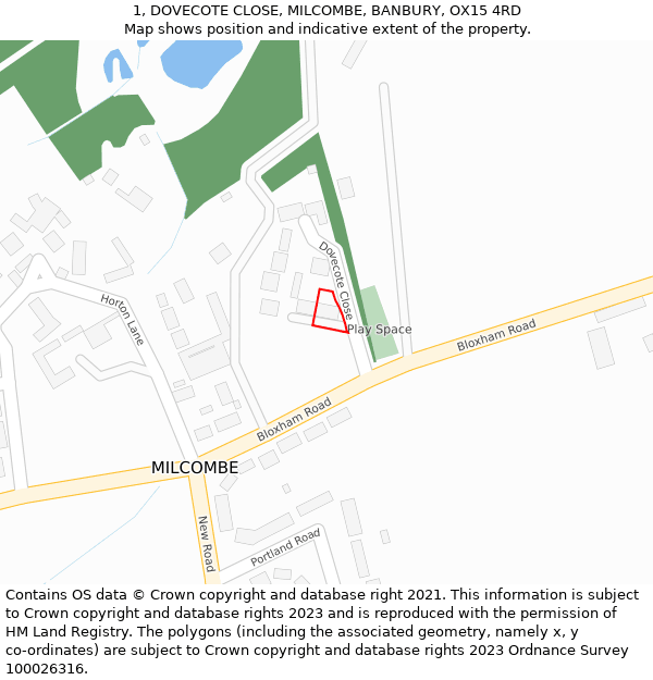 1, DOVECOTE CLOSE, MILCOMBE, BANBURY, OX15 4RD: Location map and indicative extent of plot