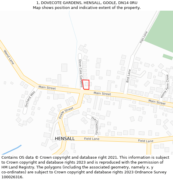 1, DOVECOTE GARDENS, HENSALL, GOOLE, DN14 0RU: Location map and indicative extent of plot